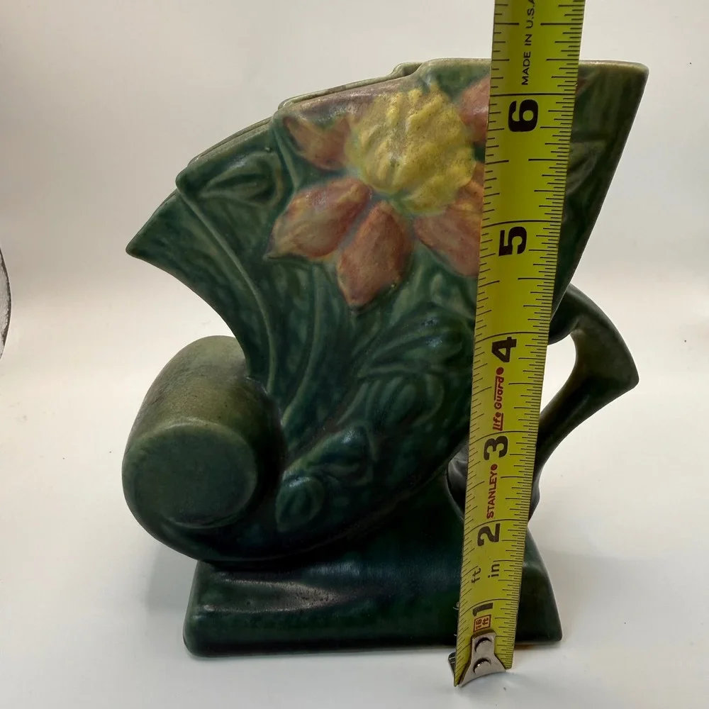 Roseville Pottery Clematis Green Cornucopia Vintage Mid Century Art Deco